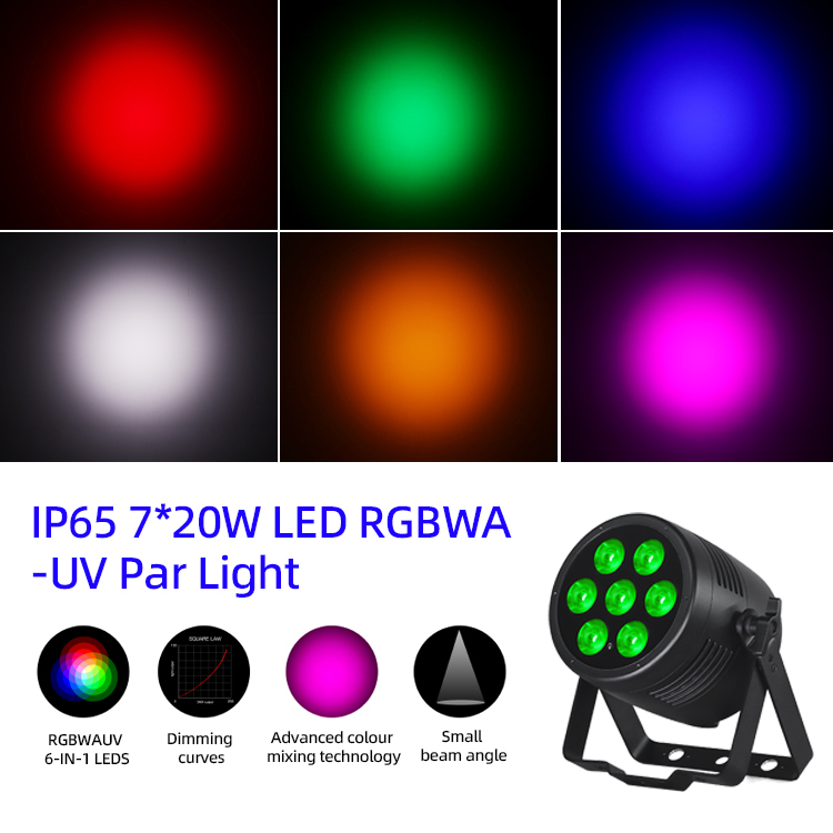 Reflektory LED Par 6w1 Uplights sceniczne 7x20W RGBWA-UV DMX512 Sterowanie Zewnętrzne światła DJ do sceny, imprezy, klubu, dyskoteki, wesela